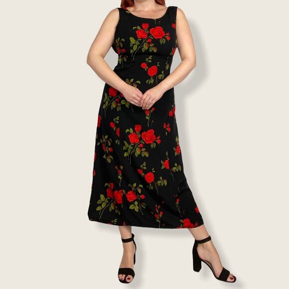 Vintage Studio1 Size 6/8 Red Rose Floating Floral Print Sleeveless Midi Dress - Picture 5 of 13